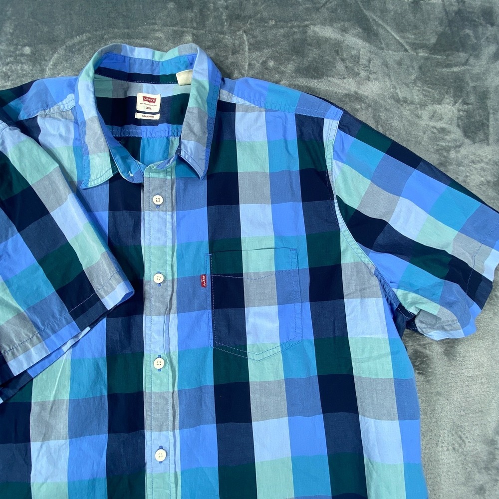 Levis Shirt Men 2XL Blue Colorblock Plaid Short Sleeve Button Up Preppy Standard